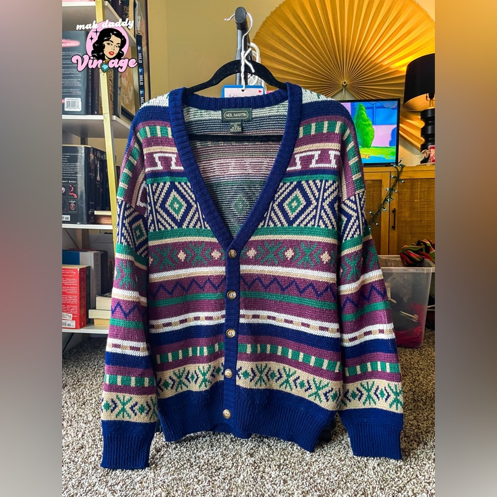 Vintage Neil Martin geometric patterned, multi-colored knitted cardigan sweater